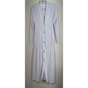 Maria Scotto Wool Lettuce Trim Rib Knit Botton Dusty Long Cardigan Women Size S